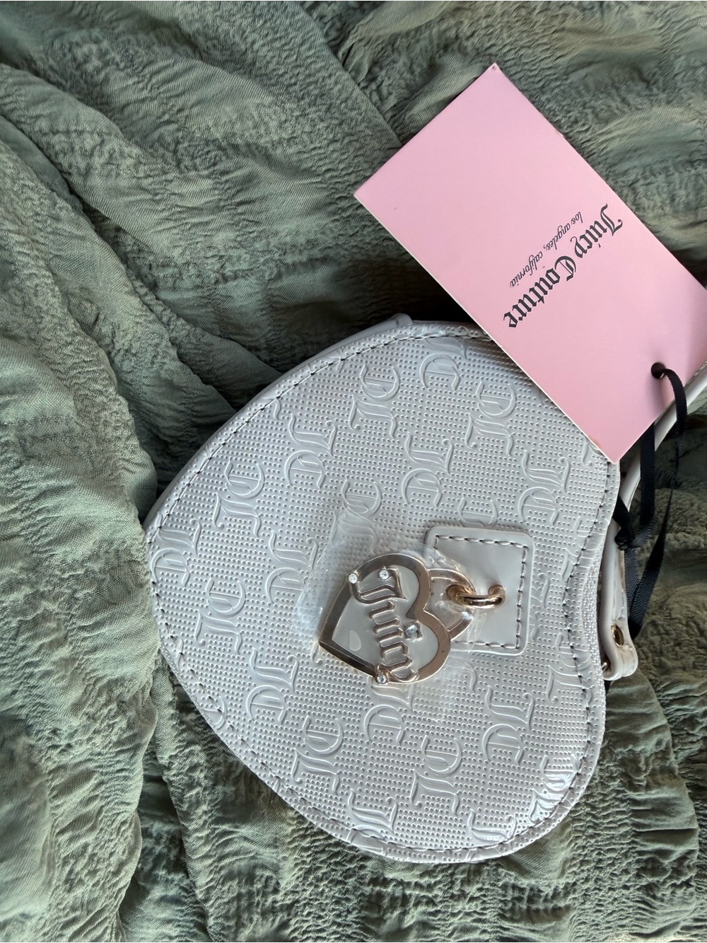 Juicy Couture White Heart-Shaped Crossbody with Gold Heart Charm
